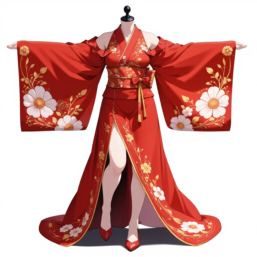 CLOTHING:  
(vivid red kimono) with intricate floral patterns in white and gold, (loosely worn kimono), off-shoulder with one side slightly slipping down, exposing collarbone, long sleeves trailing down gently, the hem pooling on the floor but subtly lifted to reveal part of the thighs, (modest but alluring).  

DETAILS:  
kimono fabric folding naturally, obi tied loosely, inner lining subtly visible, faint wrinkles in the fabric, soft shadows emphasizing the texture of the kimono, ink splashes on the edges of the fabric, slight movement in the sleeves.
