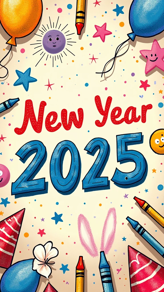 A cheerful New Year 2025 poster designed as if created by elementary student, featuring colorful doodles and crayon art. The poster includes vibrant fireworks, stars, balloons, and a large '2025' written in playful, like handwriting. Surrounding the numbers are hand-drawn smiling faces, party hats, confetti, and little animals like bunnies and birds, all in a whimsical, crayon style. The background is a light, pastel shade with a slightly textured, paper-like appearance to enhance the hand-drawn feel.