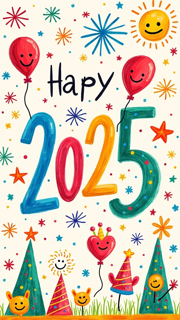 A cheerful New Year 2025 poster designed as if created by elementary student, featuring colorful doodles and crayon art. The poster includes vibrant fireworks, stars, balloons, and a large '2025' written in playful, like handwriting. Surrounding the numbers are hand-drawn smiling faces, party hats, confetti, and little animals like bunnies and birds, all in a whimsical, crayon style. The background is a light, pastel shade with a slightly textured, paper-like appearance to enhance the hand-drawn feel.