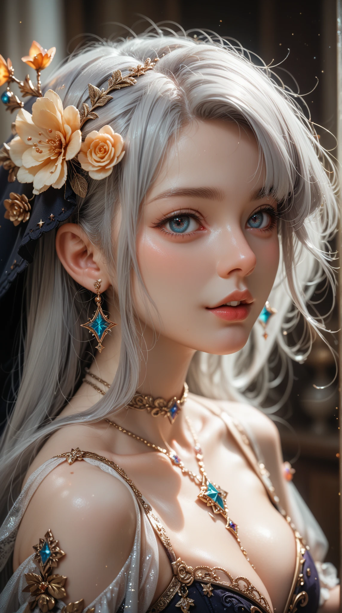 A charming young witch stands at the center of the enchanting scene, Her flowing silver hair glistens in the light 。 Her eyes sparkle with evident strength and determination