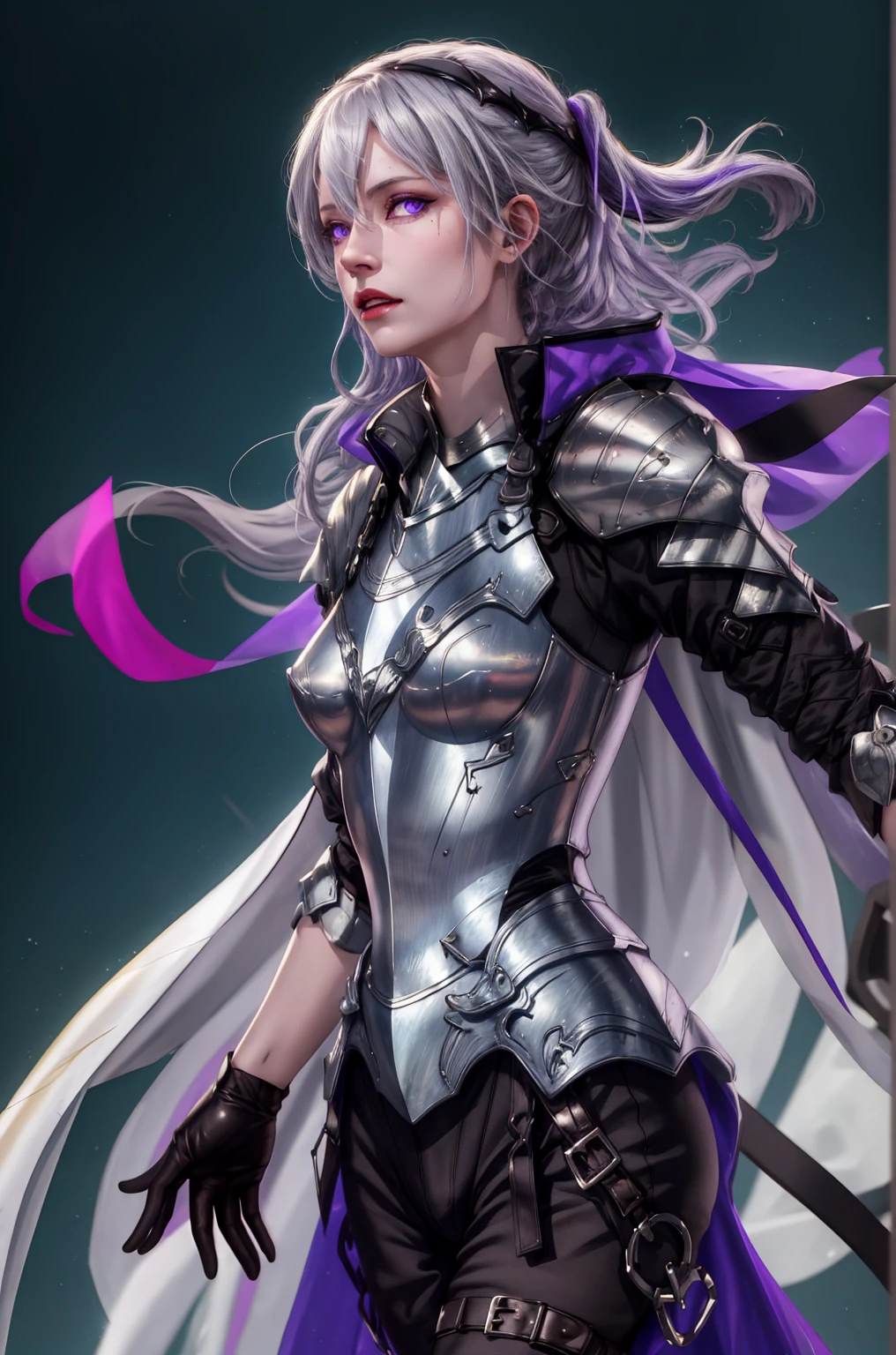 8k,highres,absurdres,masterpiece,best quality,original,extremely detailed CG,extremely detailed wallpaper,perfect lighting,1girl,solo,blurry_background,looking_at_viewer,standing on the stage, JeanneEAnise,long hair,black gloves,hair between eyes,purple eyes,grey hair,white cape,armor,breastplate,