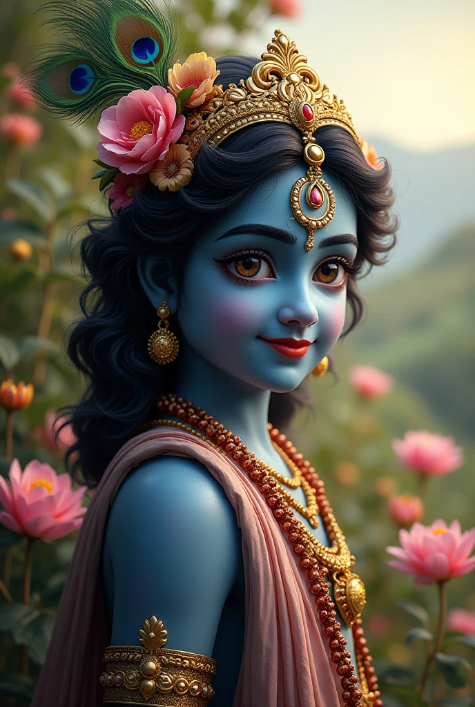Create an a anime image of  beautiful lord Krishna with full pink background with pink flowers and flower rain 