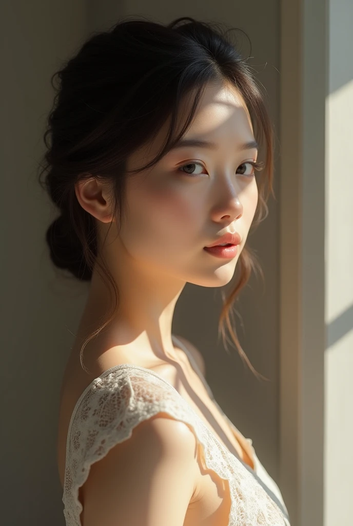 An elegantly dressed Japanese woman in natural light、A close-up of her chest and calm expression.、It shows her inner peace and outer charm.。