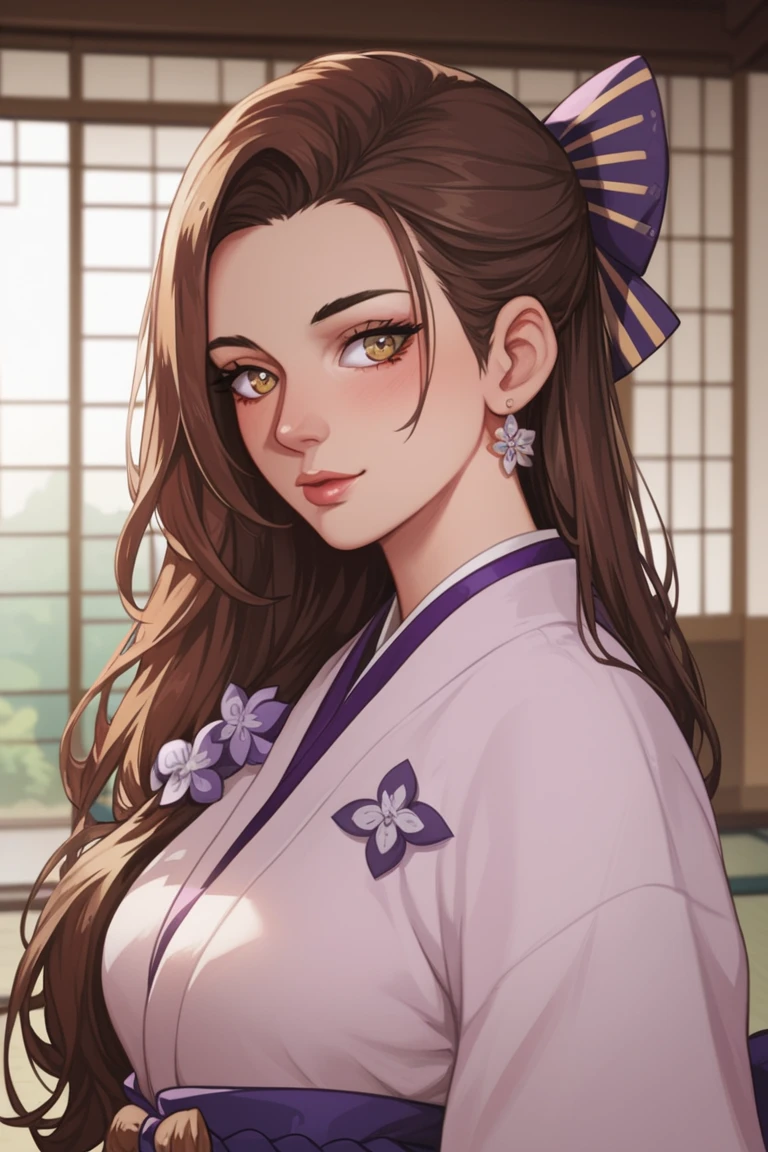 A beautiful woman with long brown hair, hazel eyes with the colors of brown and green, and fair skin. Her clothing are an inspired mix between Japanese in the Edo Period and English clothing from the Regency Era. Color of the clothing are white, dark purple, and lavender. The setting of the background is a rich Japanese home in the Edo period. On the back of her long brown hair is a dark purple bow. The setting is inside a fancy and rich Japanese home. Her hair has long and flowing bangs. Her hair is long and loose.