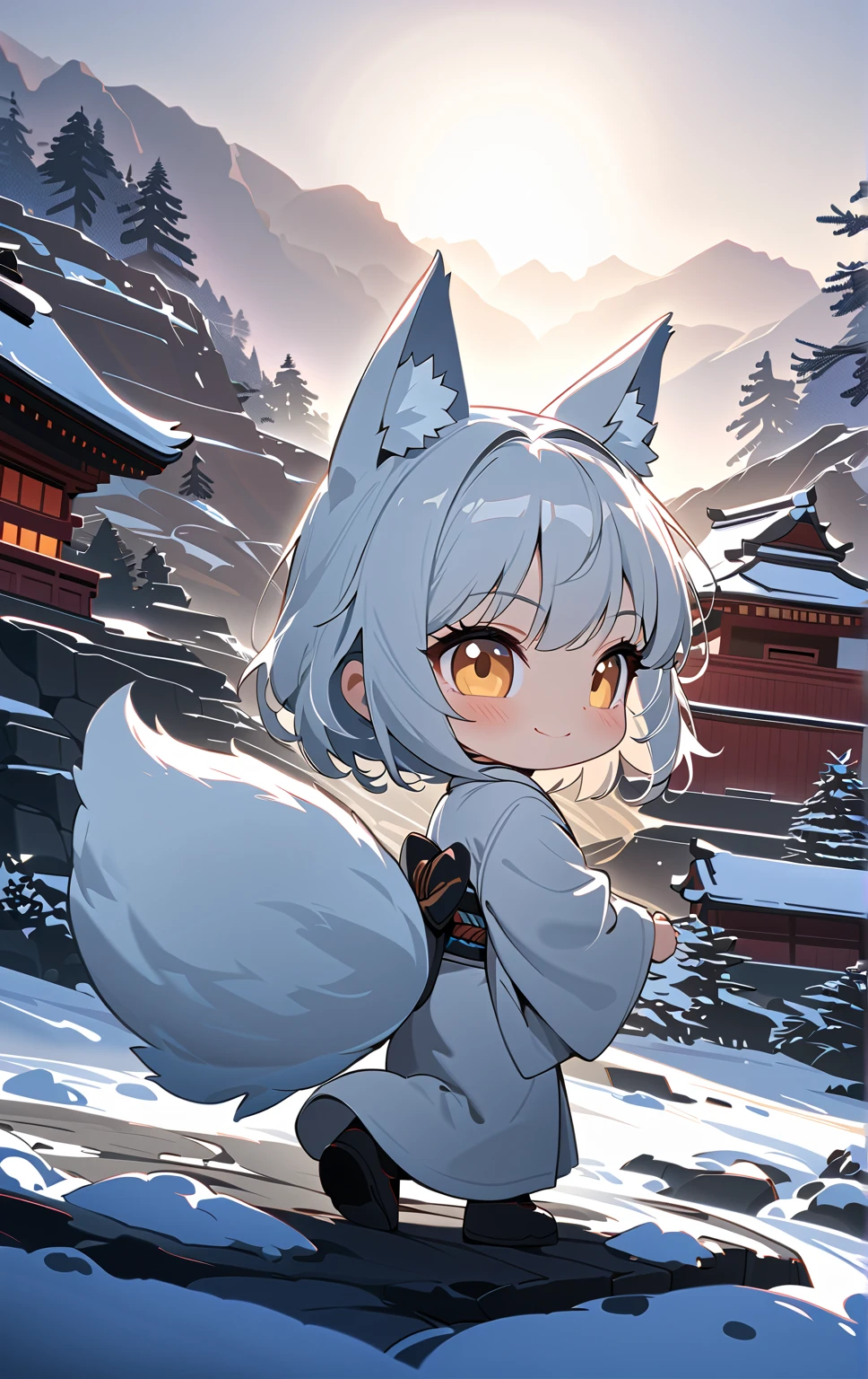 solo, 1girl\((chibi:1.3),small, (white fox ear),(white fox tail),run around, cute, happy, smile, beautiful white kimono, from side, looking away\), snowy Winter ,inari shrine, landscape, dramatic scene . BREAK .quality\(8k,wallpaper of extremely detailed CG unit, high resolution, top-quality, top-quality real texture skin, hyper realistic, increase the resolution, RAW photos, best quality, highly detailed, the wallpaper, golden ratio, high saturation realism, vibrant colors, dramatic lighting, persuasive storytelling, atmospheric scenery, captivating visuals, intricate details, strong emotions, dreamlike world\)