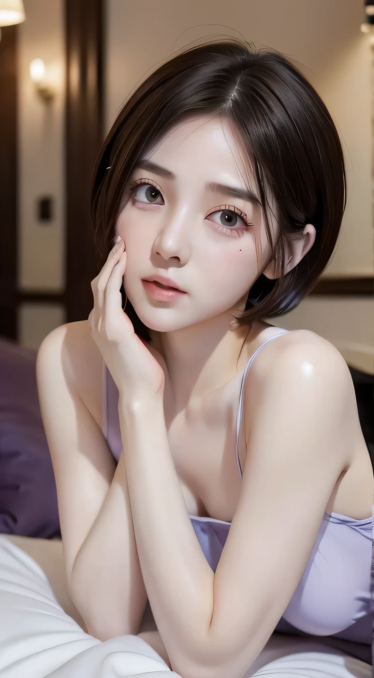 ((best quality)), ((highly detailed)), ((((Short Bob Hair)))), Complex eyes,beautiful detailed eyes,Symmetrical eyes,(((detailed face))),beautiful detailed lips, Young Face,Short stature，Pretty face， (((Embarrassing))),(Lips waiting for a kiss),(My heart is pounding with anticipation.)、Mesh Camisole、Sitting on the pillow and riding、Hugging the pillow on your knees、Bold leg spread、barefoot、Wide composition、Eating sausages、On the bed、Spilling milk、Fisheye Lens、 (Flat Chest:1.1), masterpiece, absurdres, (detailed eyes, deep eyes), (1girl), yandere trance, yandere, hands on own face, hands on own cheeks, shaded face, ((glowing eyes)), (upper body), hexmaniacms, ((@.@)), (upper body), hexmaniacms, ((@.@)), bags under eyes, ahoge, headband, black hair, pale skin, small breasts, , purple clothes, (at a cafe, coffee, noon), 