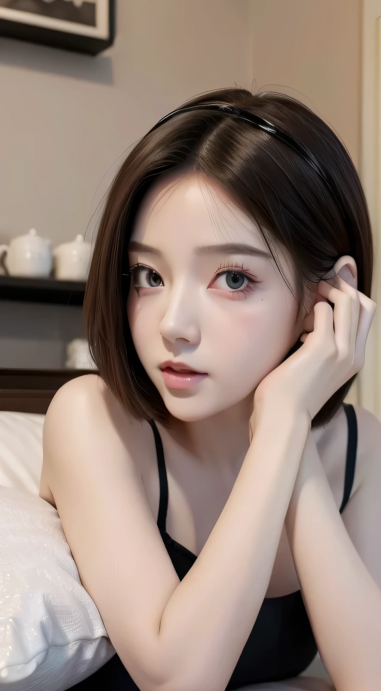 ((best quality)), ((highly detailed)), ((((Short Bob Hair)))), Complex eyes,beautiful detailed eyes,Symmetrical eyes,(((detailed face))),beautiful detailed lips, Young Face,Short stature，Pretty face， (((Embarrassing))),(Lips waiting for a kiss),(My heart is pounding with anticipation.)、Mesh Camisole、Sitting on the pillow and riding、Hugging the pillow on your knees、Bold leg spread、barefoot、Wide composition、Eating sausages、On the bed、Spilling milk、Fisheye Lens、 (Flat Chest:1.1), masterpiece, absurdres, (detailed eyes, deep eyes), (1girl), yandere trance, yandere, hands on own face, hands on own cheeks, shaded face, ((glowing eyes)), (upper body), hexmaniacms, ((@.@)), (upper body), hexmaniacms, ((@.@)), bags under eyes, ahoge, headband, black hair, pale skin, small breasts, , purple clothes, (at a cafe, coffee, noon), 