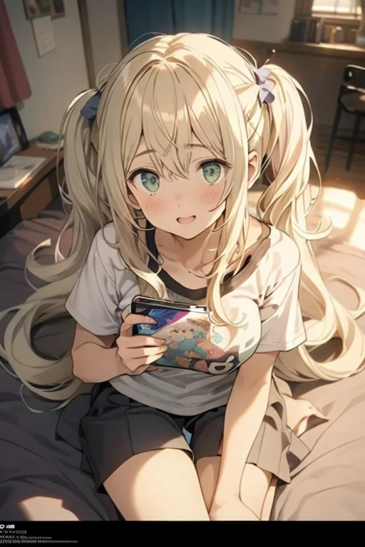 (masterpiece), (best quality), detailed, 1 girl, soro, twintails, long wavy hair twintails.hairs between eyes,dark green eyes ,dark green hair, smile, masterpiece, best quality, newest, (from below:1.2),( :1.2), (pointed :1.2),(from below:1.2,Best Quality),a girl , platinum color hair、bartender uniform,Purplish blue eyes that dreamers desire, ((Otaku girl)),gloomy, messy hair, hair over eyes, long hair, blushing face,armpits hair, (harf sleeve t-shirt),shorts, sitting on gaming chair, dirty room,playing PC-game,small , skinny,open mouth, (otaku game magazine cover:1.3),(with sparkling eyes and a contagious smile),her thin :1.2, looking at viewer