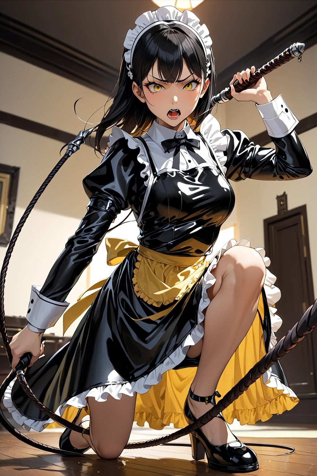  High-quality image ,4K,  masterpiece fails,Asian,(( evil)), Hair gathered in two ponytails from the bottom of the head,straight bangs to eyebrows ,( Dressed in a black latex maid suit ),:: ( long sleeve shirt :  fully covers the neck , floor-length skirt , yellow lace apron , maid headband  : black)) One,  holds a weapon , whip ping,  cutting , whip, fighting stance,((( whipping:1.2,  motion blur ,  lines of motion ))),  arms outstretched , doyagao ,  входящий vertical whip , incoming horizontal whip  