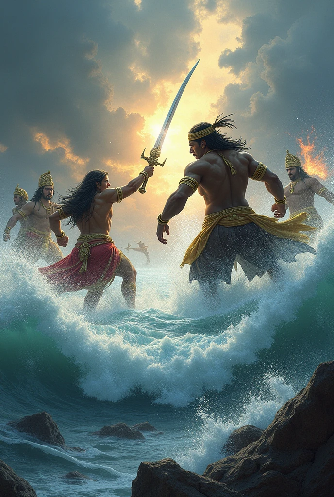 Parashurama challenging the Kshatriya warriors and defeating them single-handedly.]