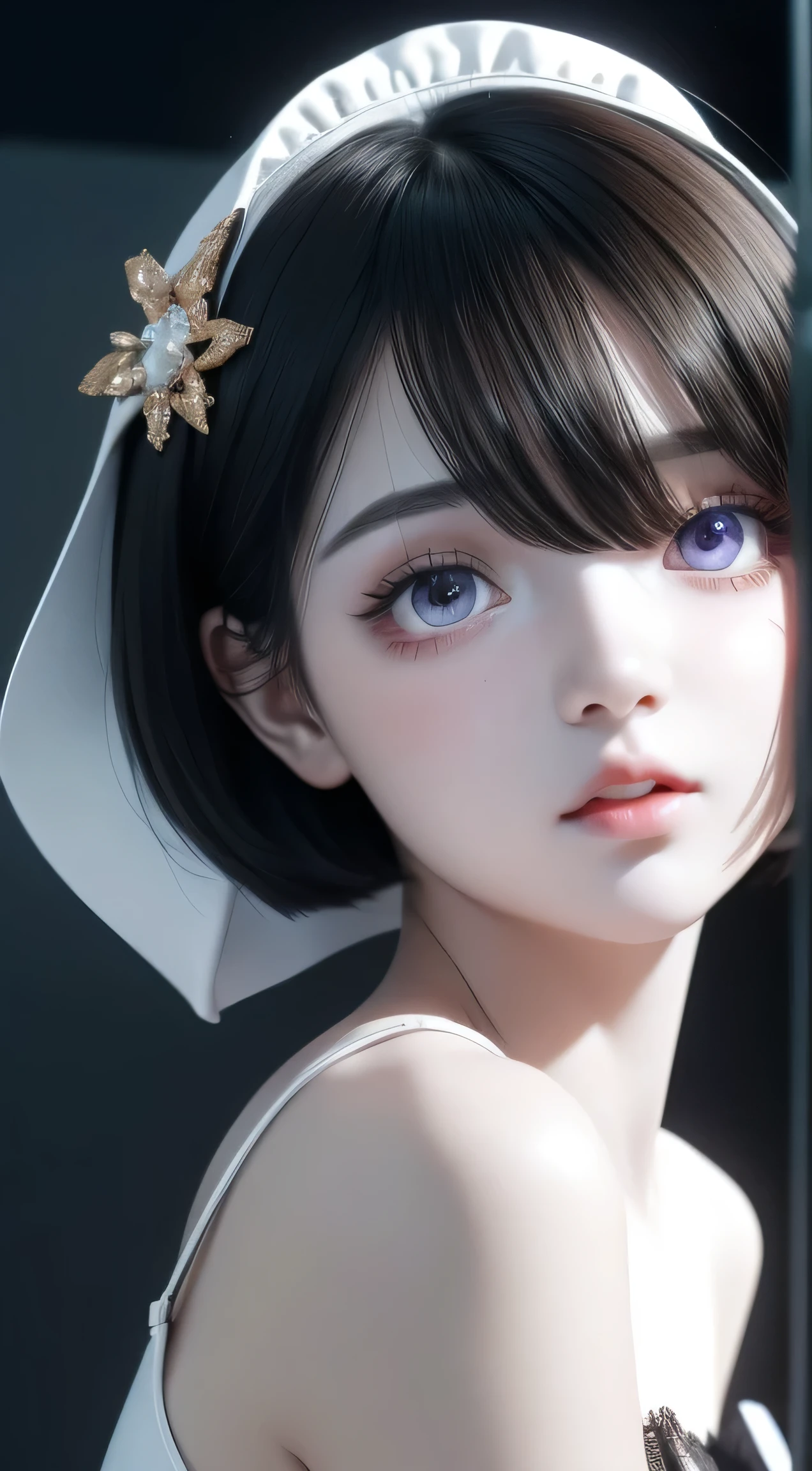 ((best quality)), ((highly detailed)), ((((Short Bob Hair)))), Complex eyes,beautiful detailed eyes,Symmetrical eyes,(((detailed face))),beautiful detailed lips, Young Face,Short stature，Pretty face， (((Embarrassing))),(Lips waiting for a kiss),(My heart is pounding with anticipation.)、Mesh Camisole、Sitting on the pillow and riding、Hugging the pillow on your knees、Bold leg spread、barefoot、Wide composition、Eating sausages、On the bed、Spilling milk、Fisheye Lens、 (Flat Chest:1.1), masterpiece, absurdres, (detailed eyes, deep eyes), (1girl), yandere trance, yandere, hands on own face, hands on own cheeks, shaded face, ((glowing eyes)), (upper body), hexmaniacms, ((@.@)), (upper body), hexmaniacms, ((@.@)), bags under eyes, ahoge, headband, black hair, pale skin, small breasts, , purple clothes, (at a cafe, coffee, noon), 