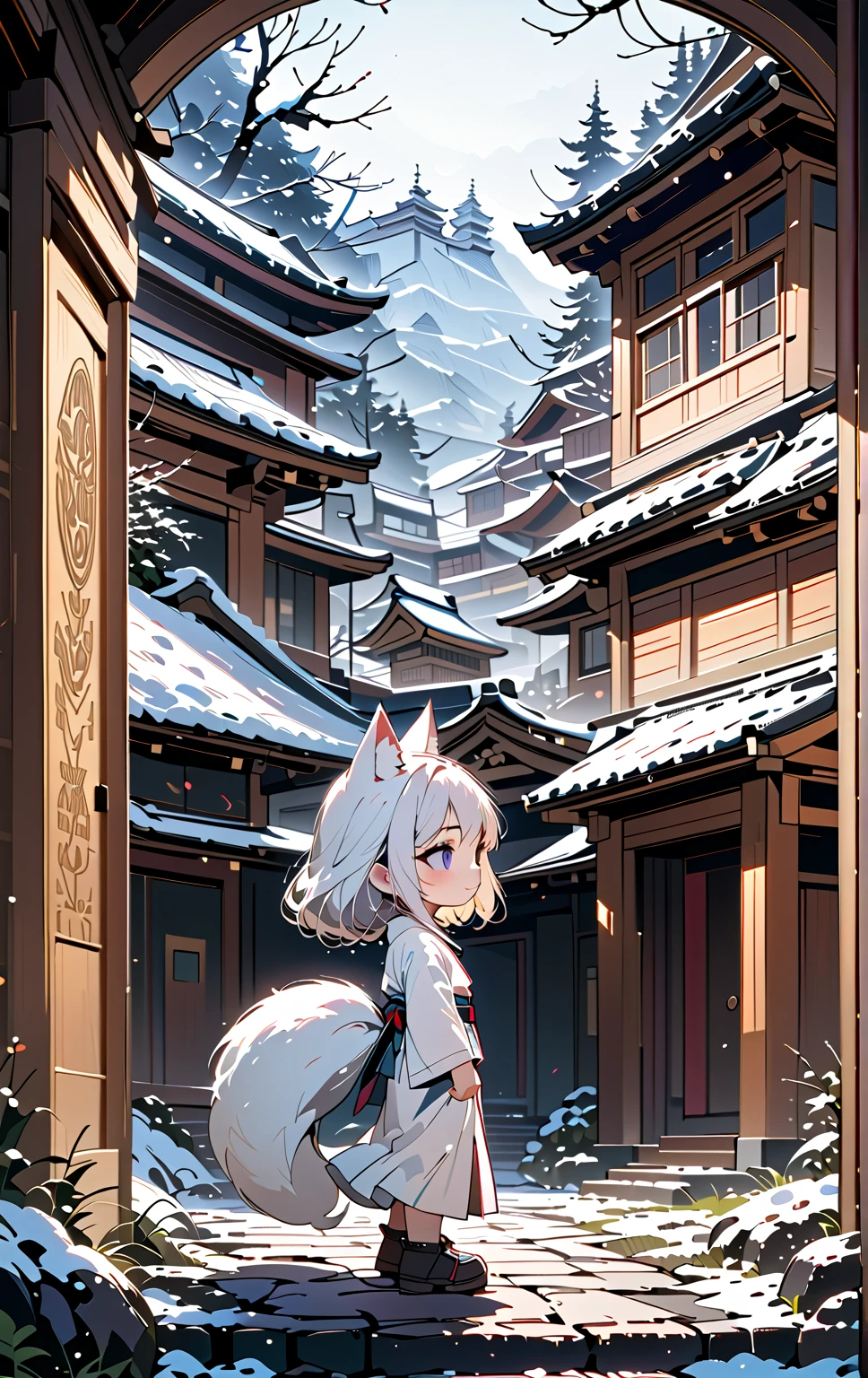 solo, 1girl\((chibi:1.3),small, (white fox ear),(white fox tail),run around, cute, happy, smile, beautiful white kimono, from side, looking away\), snowy Winter ,inari shrine, landscape, dramatic scene . BREAK .quality\(8k,wallpaper of extremely detailed CG unit, high resolution, top-quality, top-quality real texture skin, hyper realistic, increase the resolution, RAW photos, best quality, highly detailed, the wallpaper, golden ratio, high saturation realism, vibrant colors, dramatic lighting, persuasive storytelling, atmospheric scenery, captivating visuals, intricate details, strong emotions, dreamlike world\)