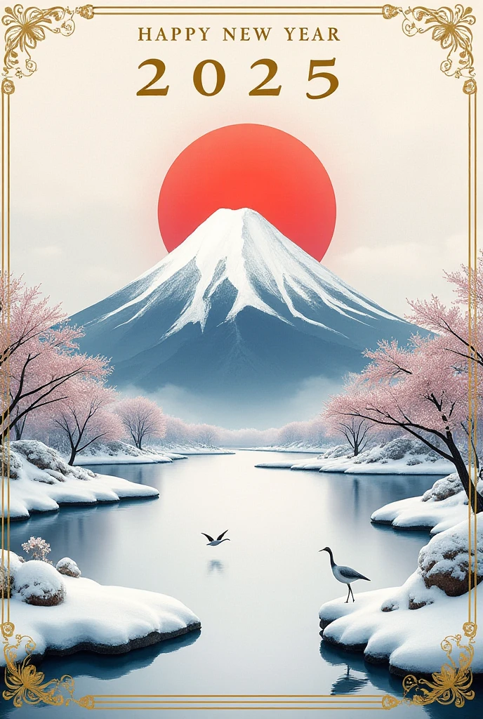 big text in the top "HAPPY NEW YEAR" and "2025", Snow Scenery, All white Fuji, Tranquil lake, a crane, red sun, gold frame,