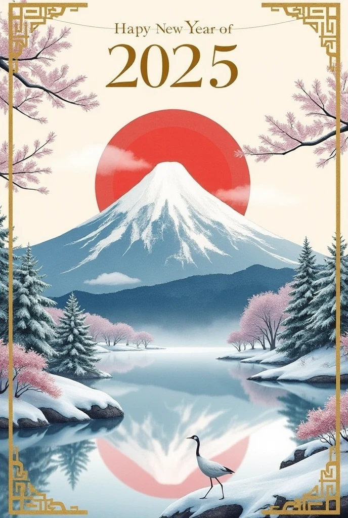 big text in the top "HAPPY NEW YEAR" and "2025", Snow Scenery, All white Fuji, Tranquil lake, a crane, red sun, gold frame,