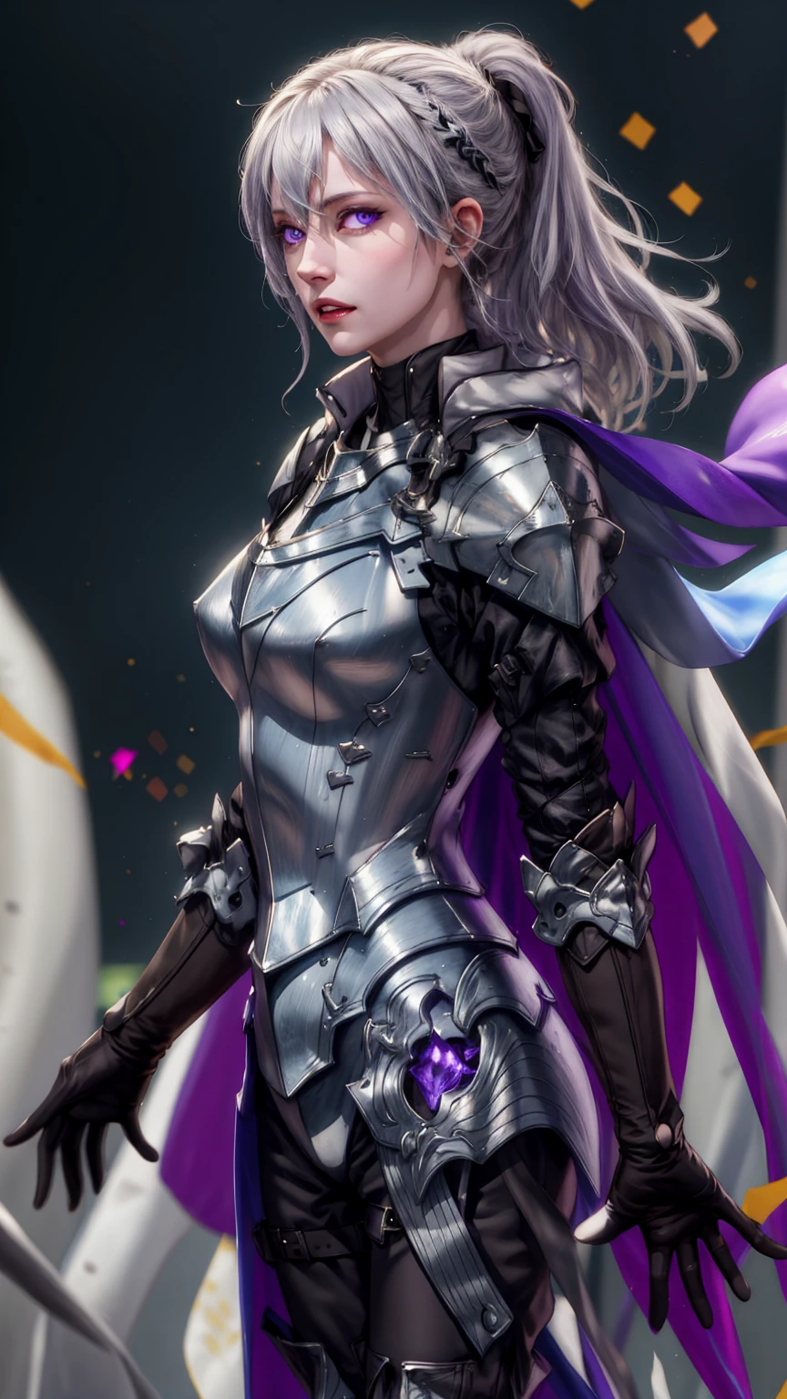 8k,highres,absurdres,masterpiece,best quality,original,extremely detailed CG,extremely detailed wallpaper,perfect lighting,1girl,solo,blurry_background,looking_at_viewer,standing on the stage, JeanneEAnise,long hair,black gloves,hair between eyes,purple eyes,grey hair,white cape,armor,breastplate,