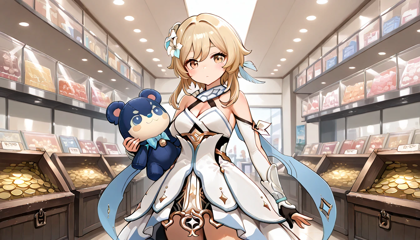 ((top quality)),((masterpiece)),((perfect face)),(ultra-detailed),ultra high res, 8k, 1girl, lumine (genshin impact), cowboy shot, holding large plush, treasure chest, shopping mall, anime style, exquisite, (very aesthetic:1.2), (absurdres:1.2), (detailed background),newest, perfect anatomy,