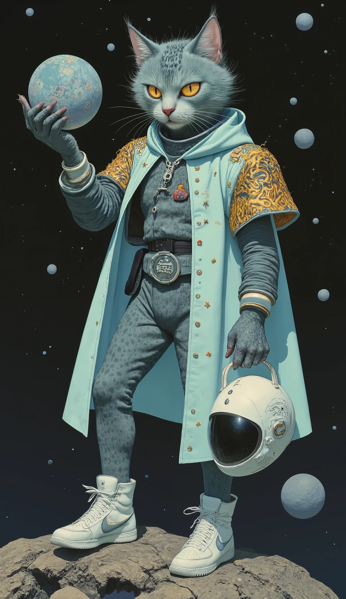 ( view Countertop )  Illustration of a  " astronaut priest cat " ( space traveler ) ( bluish green fur with black spots ),  standing on a round meteorite  (ROUND ROCK ),  he holds an astronaut helmet  " sneakers between his arm and his hips ",  with the other hand he holds a planet with rings like Saturn .  the cat has a challenging look ,  astronaut costume , He wears Nike ,  he wears metal shoulder pads in the shape of a golden fire .  He wears a light blue cape with a repetitive pattern of tiny stars. " anthropomorphic cat ". ( science fiction) (astronaut) (esotericism) (Catholic punk ). inspired by Tim Biskup, Adobe Illustrator Art,  in the style of digital illustration, Created in Adobe Illustrator, Behance vector hd ,, Fabulous Illustrations,, space background, Occultism.  A beautiful artistic illustration  (DUNE FICTION ) (( ultra detailed)) (8K)