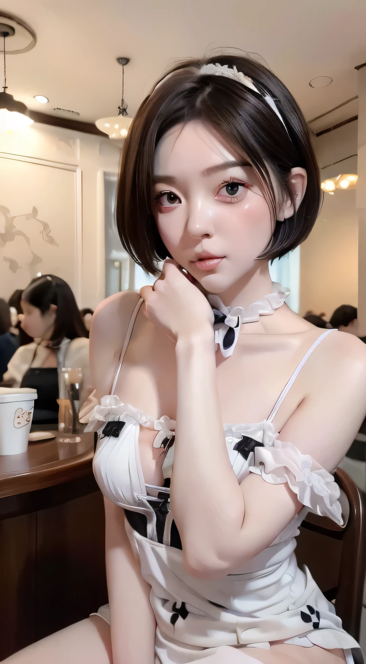 ((best quality)), ((highly detailed)), ((((Short Bob Hair)))), Complex eyes,beautiful detailed eyes,Symmetrical eyes,(((detailed face))),beautiful detailed lips, Young Face,Short stature，Pretty face， (((Embarrassing))),(Lips waiting for a kiss),(My heart is pounding with anticipation.)、Mesh Camisole、Sitting on the pillow and riding、Hugging the pillow on your knees、Bold leg spread、barefoot、Wide composition、Eating sausages、On the bed、Spilling milk、Fisheye Lens、 (Flat Chest:1.1), masterpiece, absurdres, (detailed eyes, deep eyes), (1girl), yandere trance, yandere, hands on own face, hands on own cheeks, shaded face, ((glowing eyes)), (upper body), hexmaniacms, ((@.@)), (upper body), hexmaniacms, ((@.@)), bags under eyes, ahoge, headband, black hair, pale skin, small breasts, , purple clothes, (at a cafe, coffee, noon), 