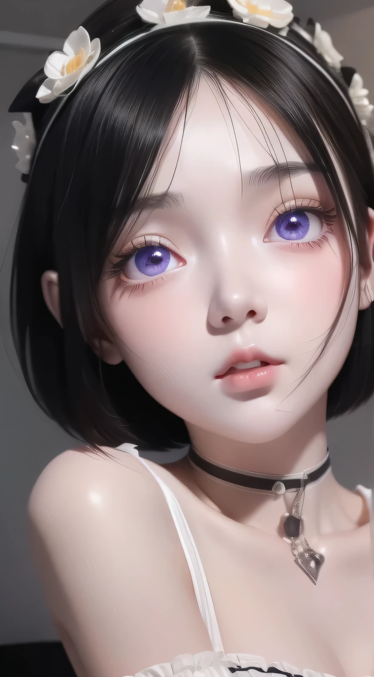 ((best quality)), ((highly detailed)), ((((Short Bob Hair)))), Complex eyes,beautiful detailed eyes,Symmetrical eyes,(((detailed face))),beautiful detailed lips, Young Face,Short stature，Pretty face， (((Embarrassing))),(Lips waiting for a kiss),(My heart is pounding with anticipation.)、Mesh Camisole、Sitting on the pillow and riding、Hugging the pillow on your knees、Bold leg spread、barefoot、Wide composition、Eating sausages、On the bed、Spilling milk、Fisheye Lens、 (Flat Chest:1.1), masterpiece, absurdres, (detailed eyes, deep eyes), (1girl), yandere trance, yandere, hands on own face, hands on own cheeks, shaded face, ((glowing eyes)), (upper body), hexmaniacms, ((@.@)), (upper body), hexmaniacms, ((@.@)), bags under eyes, ahoge, headband, black hair, pale skin, small breasts, , purple clothes, (at a cafe, coffee, noon), 