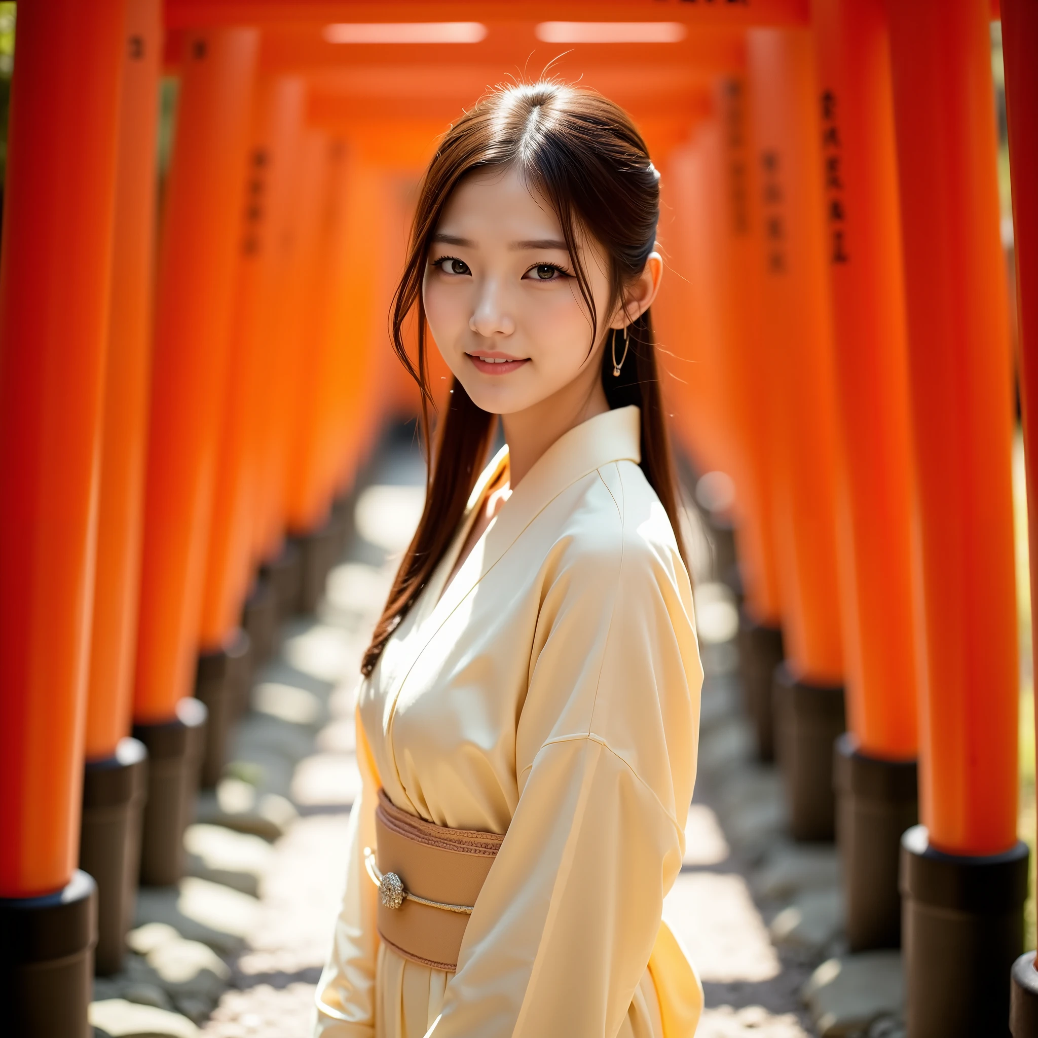 [A young woman in a vanilla yellow kimono standing serenely within a vibrant red torii gate tunnel, peaceful contemplation, soft sunlight], [Photography, photorealistic], [Shallow depth of field, natural sunlight illuminating the scene, warm color palette dominated by red and light blue, smooth textures of the kimono and wood, gravel path background, high-resolution rendering, slightly desaturated for a calm mood]