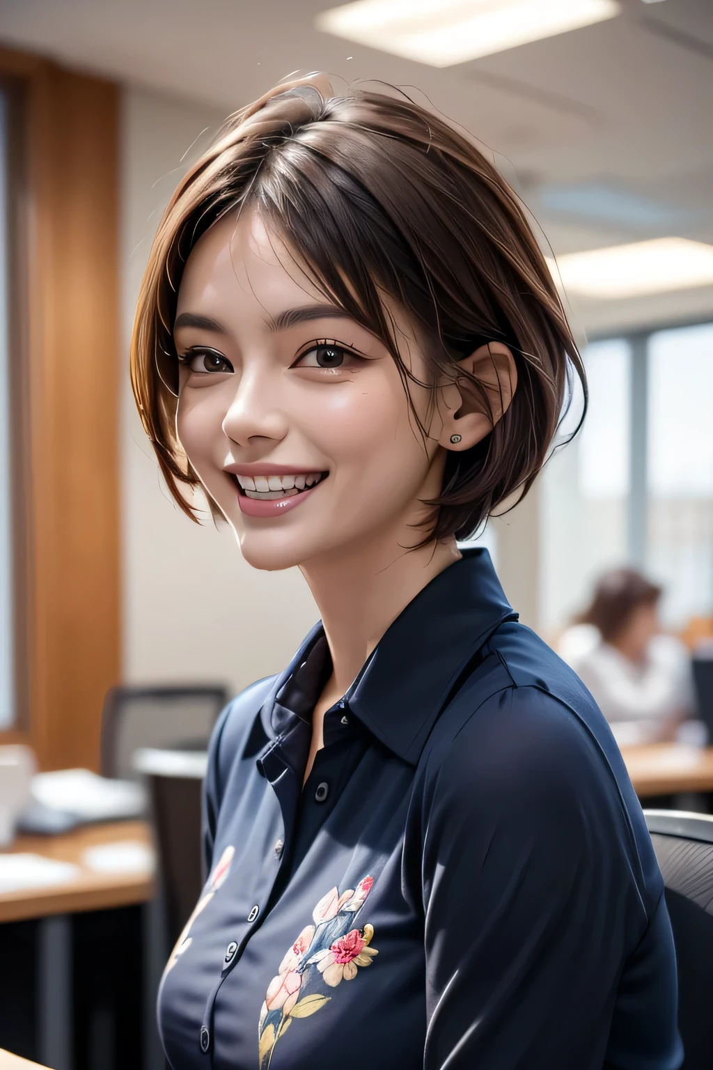 ((masterpiece )), (( Top Quality)), ((16k)), (( surreal)), (( realistic)), ( mature), (( No classes)), very detailed , ( 1 female ), Beautiful and exquisite, (Beautiful Teeth), grin, brunette pixie cut, brown eyes, ((Navy blue shirt decorated with detailed patterns)), ( upper body), (( office)), perfect eyes, amazing eyes, look at the audience with your body facing the front