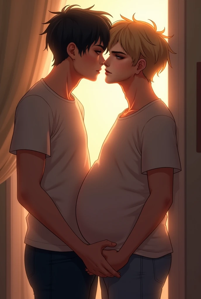 A blonde dude who’s pregnant while gojo holds his stomach