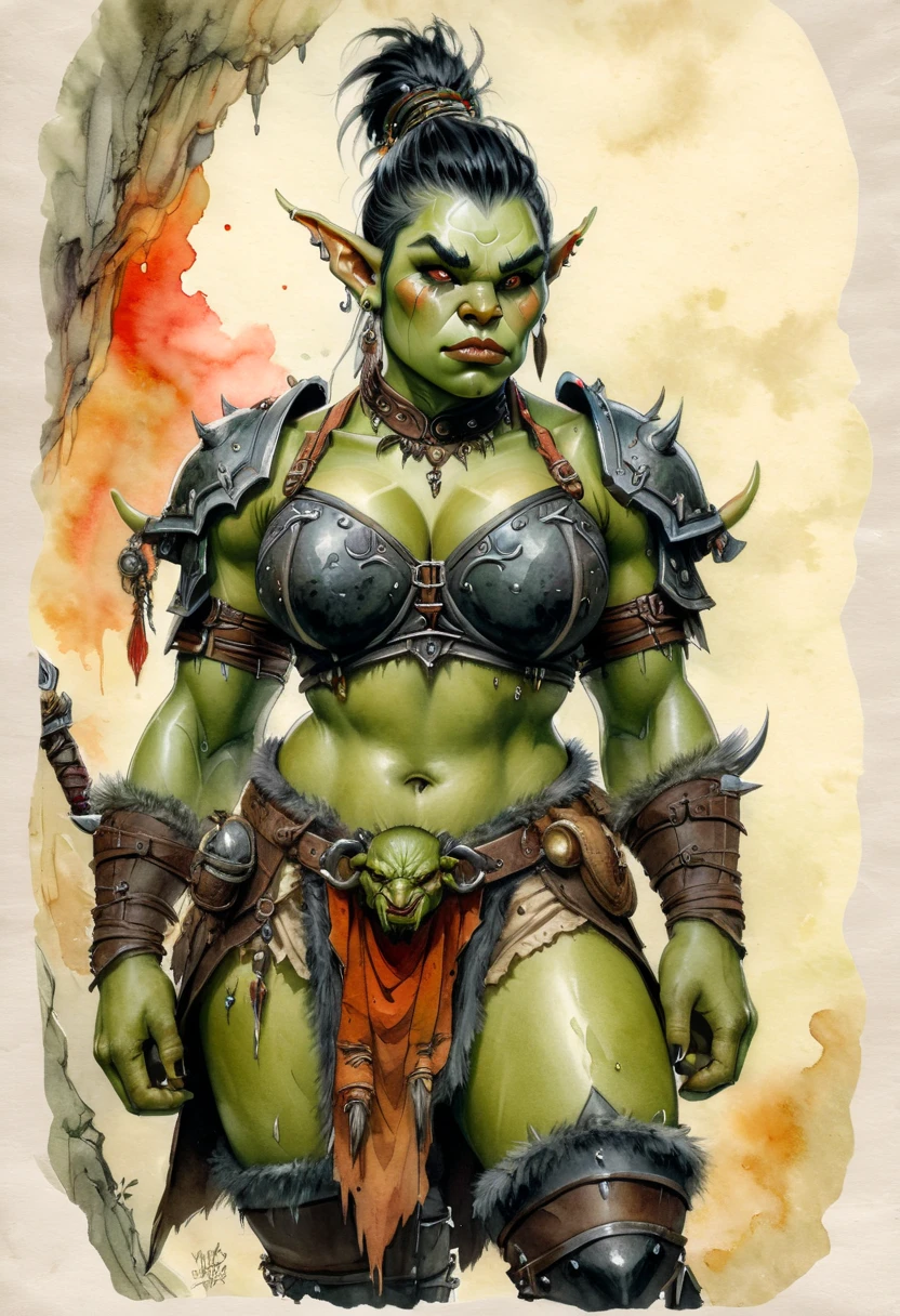 Ink and watercolor illustration on parchment. In the midst of a fantasy realm, young orc woman, female orc, chubby, fearsome expression, big saggy breasts, wowrcs