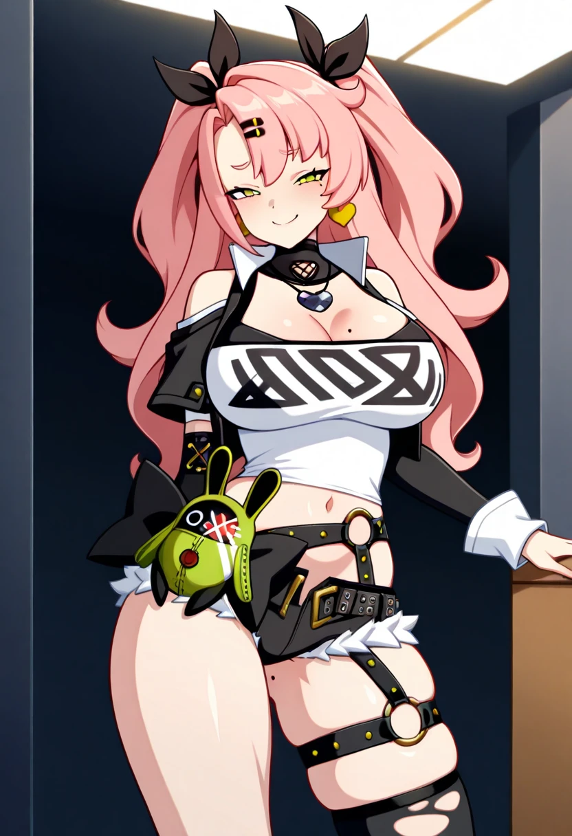 source_anime, 1girl, Nicole Demara,pink hair, hair ornaments, two ponytails, multi-colored eyes, yellow eyes, earrings, Big breasts, Big ass, thick legs
collar, necklace, black and white shirt, cleavage, midriff, shoulder cut, detached sleeves, micro shorts, belts, mole under eye, mole on breast, mole on thigh, one thigh high, ragged thigh high,
Standing, sexy pose, smile, seductive smile, looking at viewer,
Black room,
masterpiece, best quality, amazing quality, very aesthetic, absurdres, newest, scenery, perfect eyes, ultra detailed,
