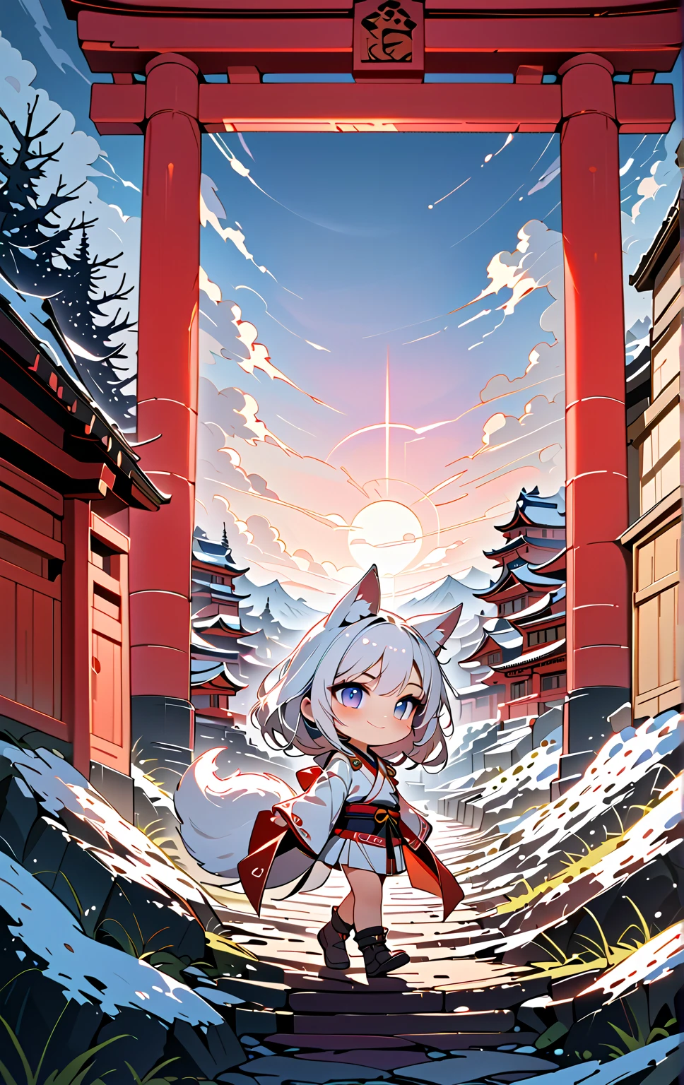 solo, 1girl\((chibi:1.3),small, (white fox ear),(white fox tail),run around, cute, happy, smile, beautiful white kimono, from side, looking away\), snowy Winter ,red shrine gate torii, landscape, dramatic scene . BREAK .quality\(8k,wallpaper of extremely detailed CG unit, high resolution, top-quality, top-quality real texture skin, hyper realistic, increase the resolution, RAW photos, best quality, highly detailed, the wallpaper, golden ratio, high saturation realism, vibrant colors, dramatic lighting, persuasive storytelling, atmospheric scenery, captivating visuals, intricate details, strong emotions, dreamlike world\)