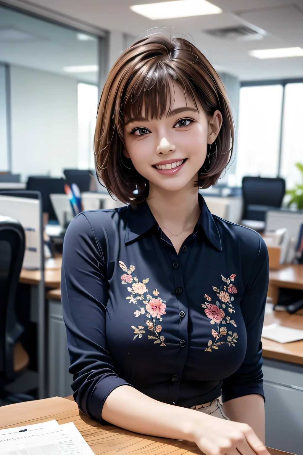((masterpiece )), (( Top Quality)), ((16k)), (( surreal)), (( realistic)), ( mature), (( No classes)), very detailed , ( 1 female ), Beautiful and exquisite, (Beautiful Teeth), grin, brunette pixie cut, brown eyes, ((Navy blue shirt decorated with detailed patterns)), ( upper body), (( office)), perfect eyes, amazing eyes, look at the audience with your body facing the front