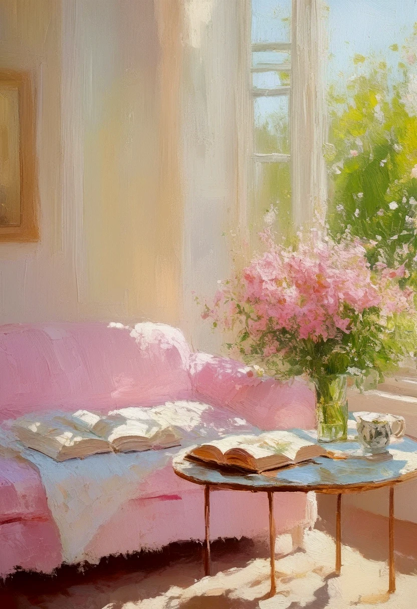 painting， rough brushstrokes and textures： soft tone ，Light and Shadow。pink sofa ，window，flower，Book