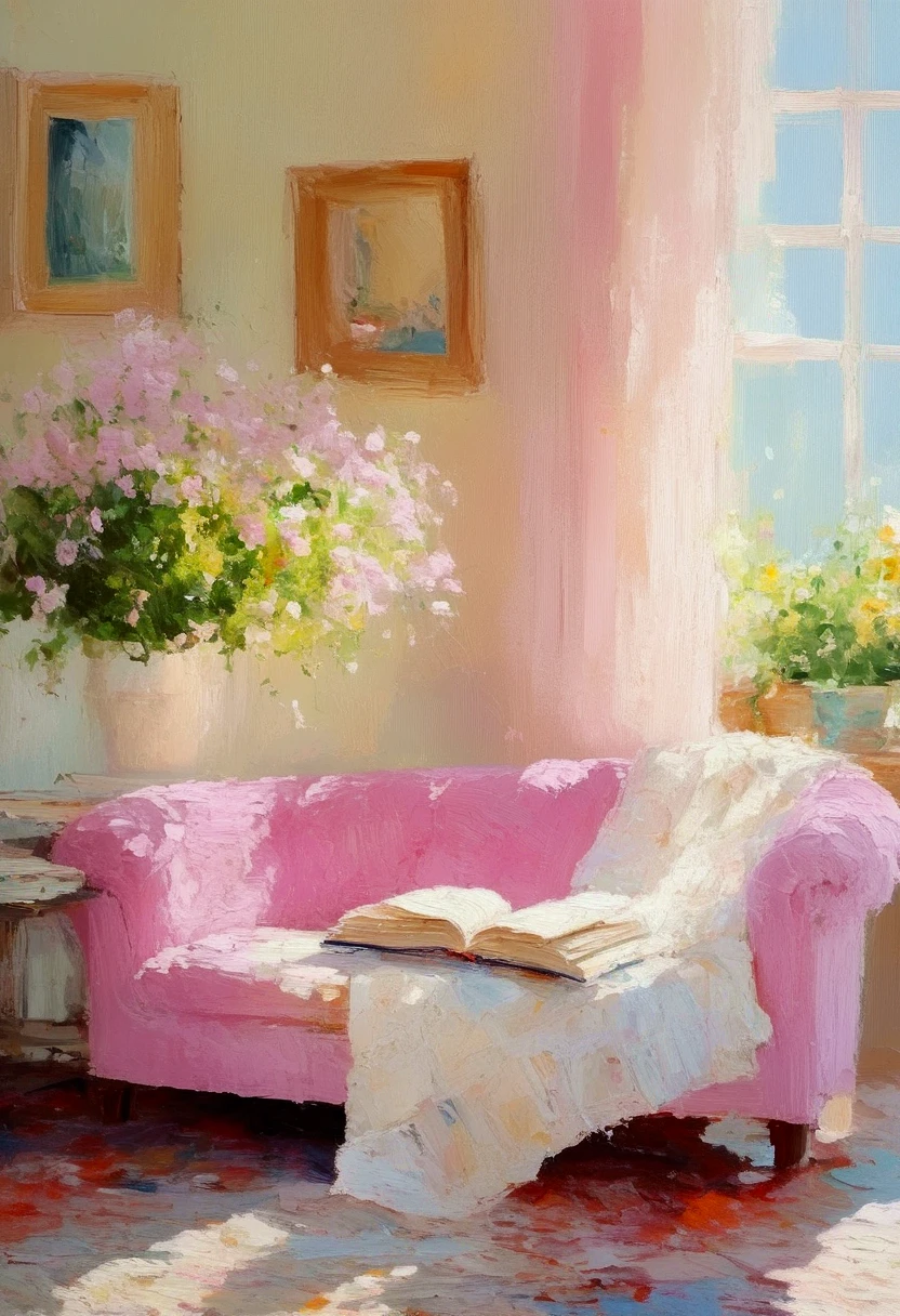 painting， rough brushstrokes and textures： soft tone ，Light and Shadow。pink sofa ，window，flower，Book