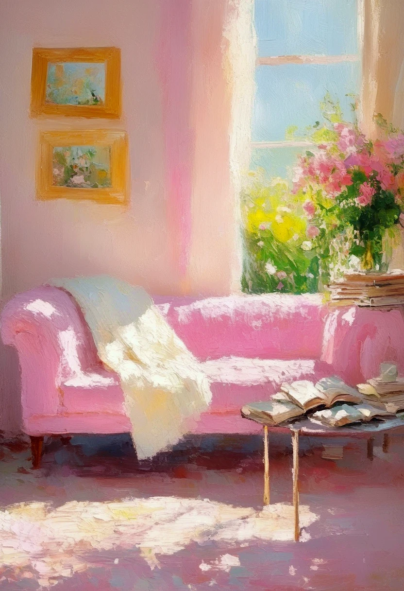 painting， rough brushstrokes and textures： soft tone ，Light and Shadow。pink sofa ，window，flower，Book