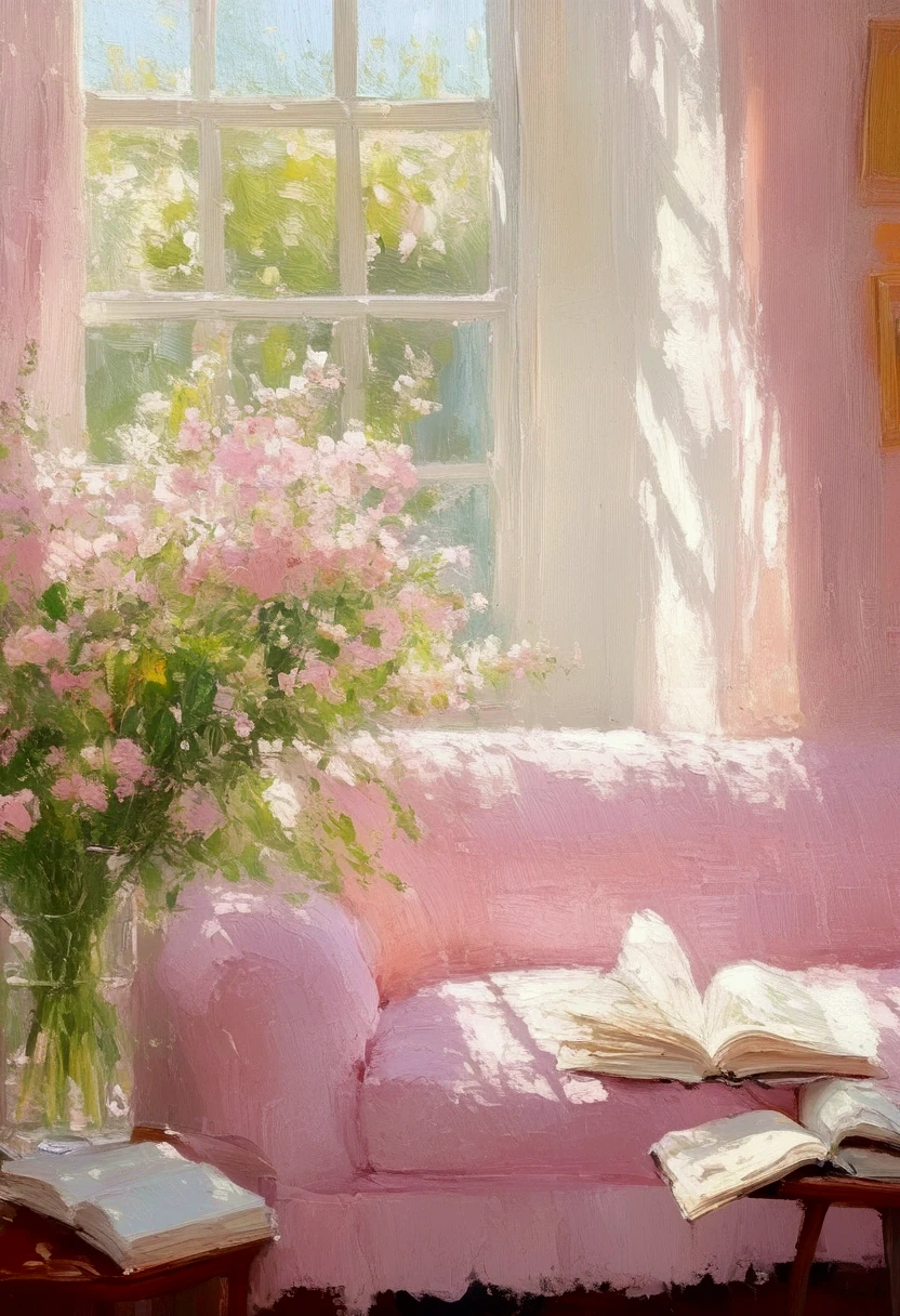 painting， rough brushstrokes and textures： soft tone ，Light and Shadow。pink sofa ，window，flower，Book