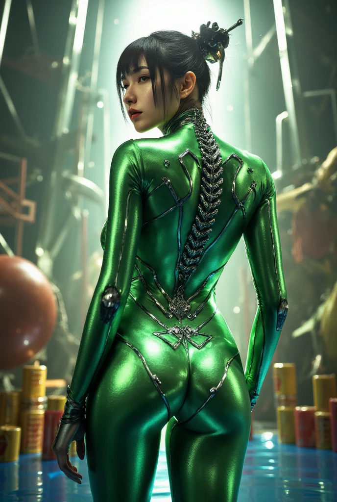 a beautiful woman in a sleek green nano suit, detailed features, shiny metallic nano suit, highly detailed, intricate futuristic design, dynamic pose, sci-fi environment, cinematic lighting, vibrant colors, photorealistic, 8k, hyper detailed, masterpiece, from behind