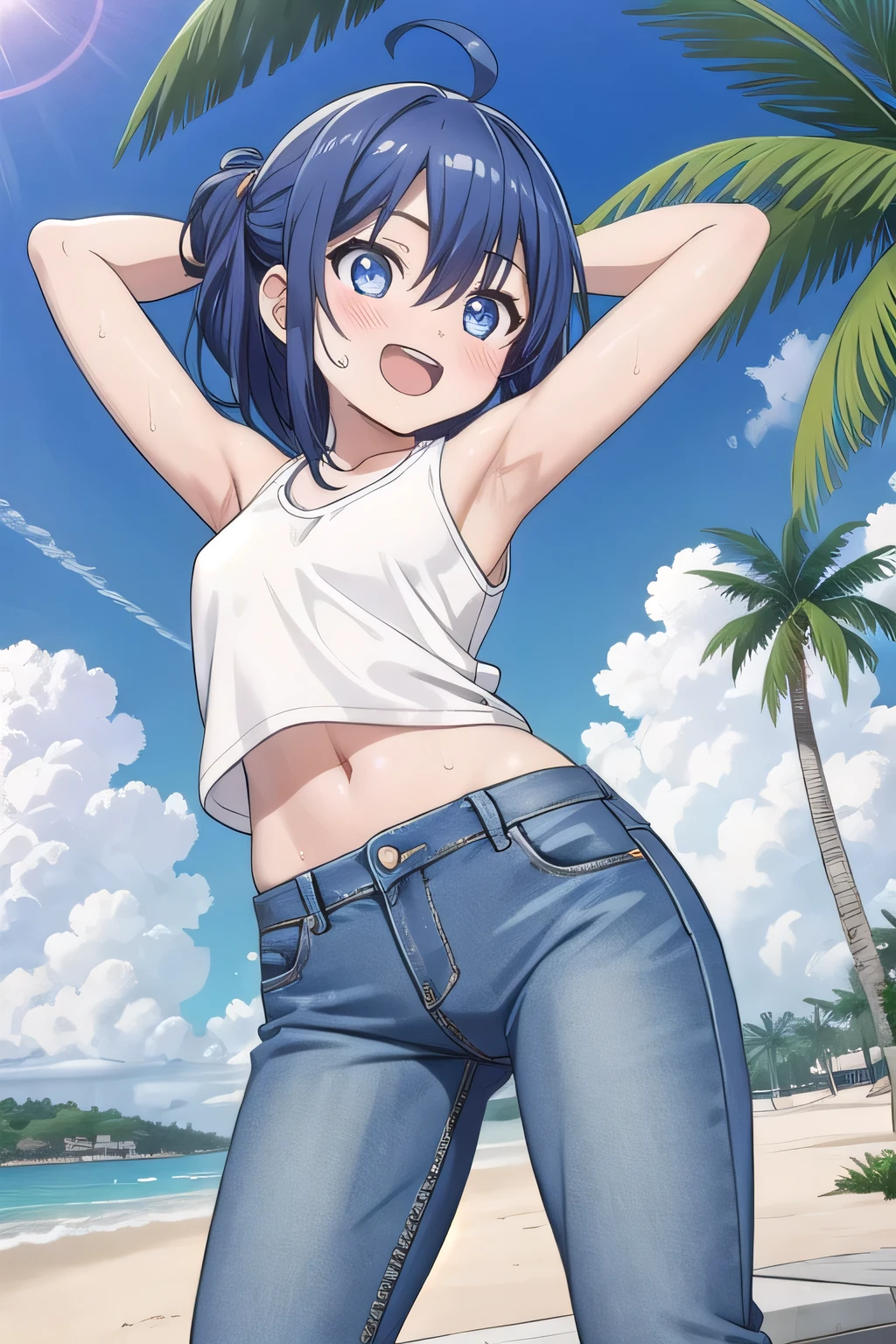 masterpiece,best quality,ultra detail, ((Perfect Face, Perfect Arms, Perfect hands, Perfect Fingers)), 1girl, , peti ((round face, ecstasy, orgasm face, drooping eyes, shame smiling, blush)), dropping eyes, sleepy, background((under the beach, (day:1.2), palm tree, bright sky)), Yanami anna, ahoge,medium hair,blue hair,sidelocks,blunt bangs,blue eyes, hair between eyes,parted bangs, blue eyes, arms behind head, contrapposto, spread armpits, looking at viewer,, (white tank top:1.2), (white crop top:1.2), (jeans pants:1.2, flares jeans:1.2, skinny jeans:1.2, blue jeans:1.2), standing, (legs spread:1.2), sex pose, Sweaty crotch, Steam from the crotch, from below, full medium body