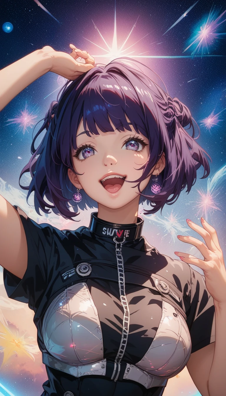 happy face, front pose, Front straight view shot of A mysterious anime girl with short bob cut, dark violet hair cascading down her back, short lengh hairs, dressed in a sleek black buttoned space black shirt with subtle red piping and a high-tech collar that glows faintly. add light on face to highlight She stands in a relaxed pose, singing gesture, singing expression, background galaxies futuristic and a massive space fleet in formation. space theme, show full girl in frame. beautiful hands, singing space girl, straight view looking into viewer. show full girl attributes in frame. highlight girl face with directional light.