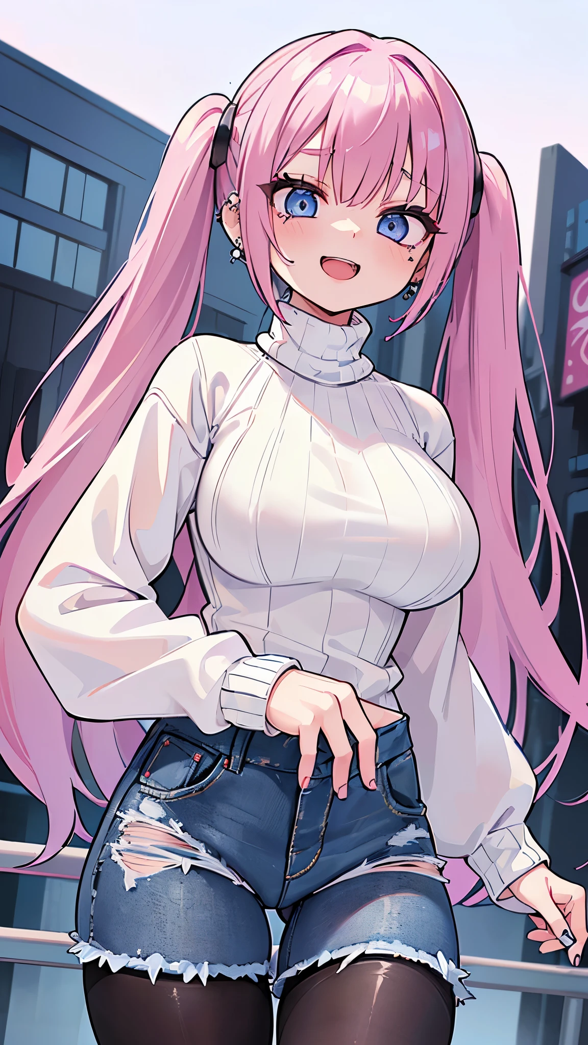 masterpiece、top-quality、ultra-detailliert)、((1 girl))、((Pink hair twin tails))、light blue eyes、evilsmile、piercings、((very Bigger breasts))、(Open chest)、Black turtleneck、sleeveless、off shoulders、denim、long trousers、cowboy shot、fold hands behind、City background