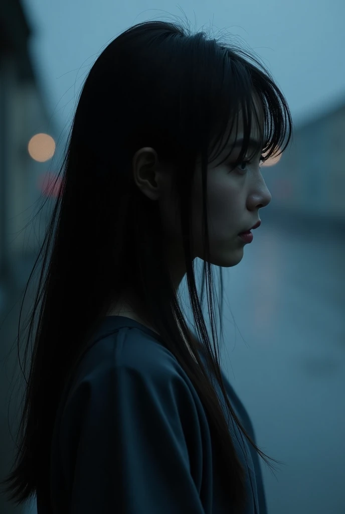 a pretty north korean girl side profile. long hair and overgrown bangs. wearing a modest dress. in the rain melancholy. at night