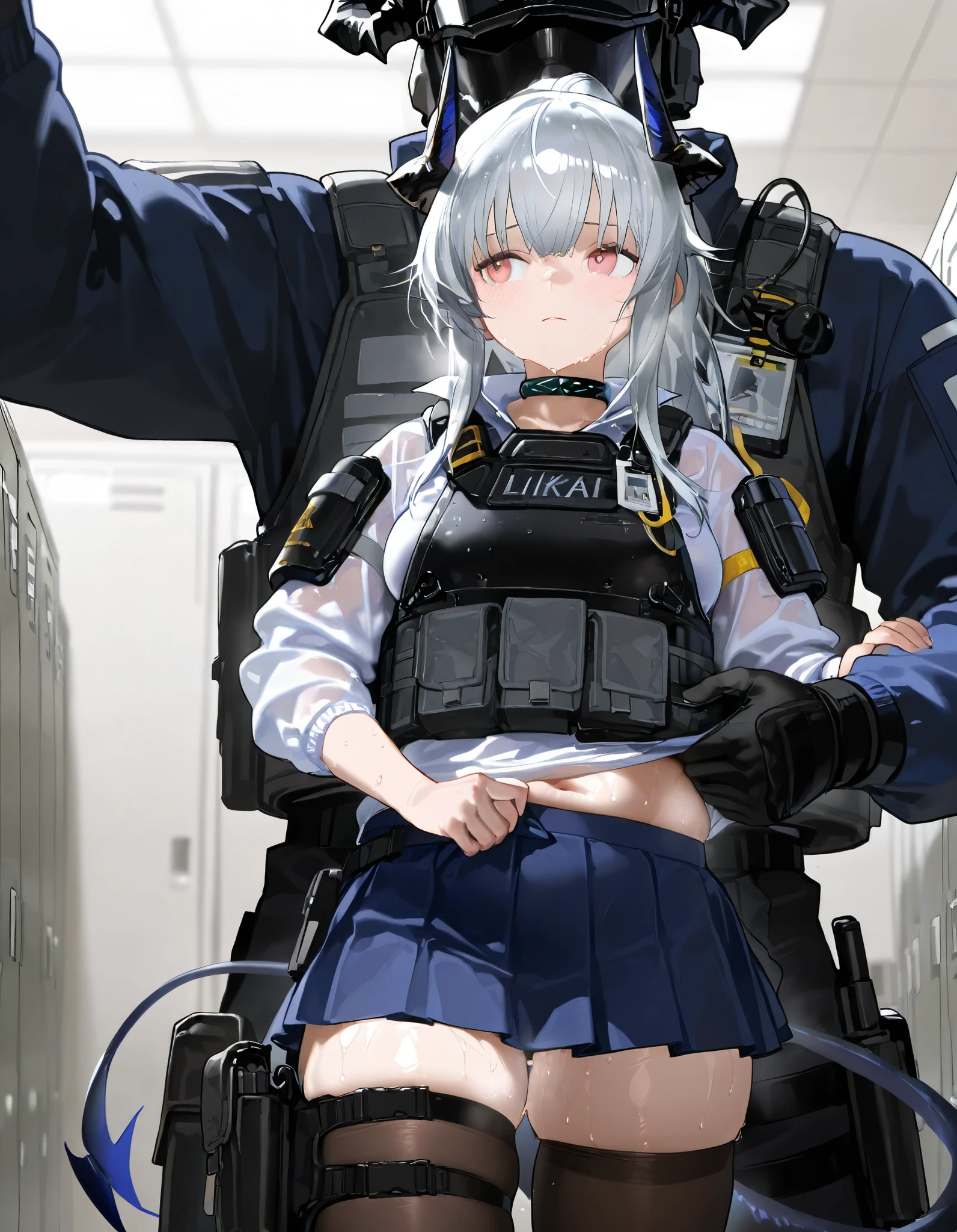 Artist : Nyalia Liskarm,、skirt,、nice realistic Breasts、body armor. liskarm、arknights、silver hair, stockings, thigh bag, holster, horns,  groped, grabbing, liskarm vs masked soldier, 1girl, 1man, size difference, 、young Woman、,  、 locker room, armory, 、 、 sweaty, slightly chubby, tail, undressing