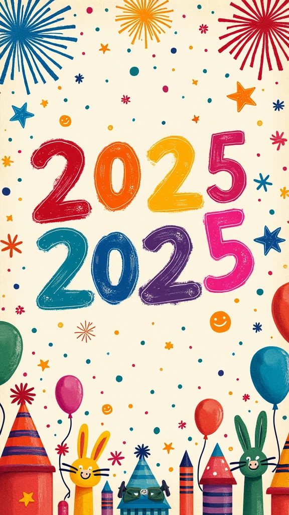 A cheerful New Year 2025 poster designed as if created by elementary student, featuring colorful doodles and crayon art. The poster includes vibrant fireworks, stars, balloons, and a large '2025' written in playful, like handwriting. Surrounding the numbers are hand-drawn smiling faces, party hats, confetti, and little animals like bunnies and birds, all in a whimsical, crayon style. The background is a light, pastel shade with a slightly textured, paper-like appearance to enhance the hand-drawn feel.