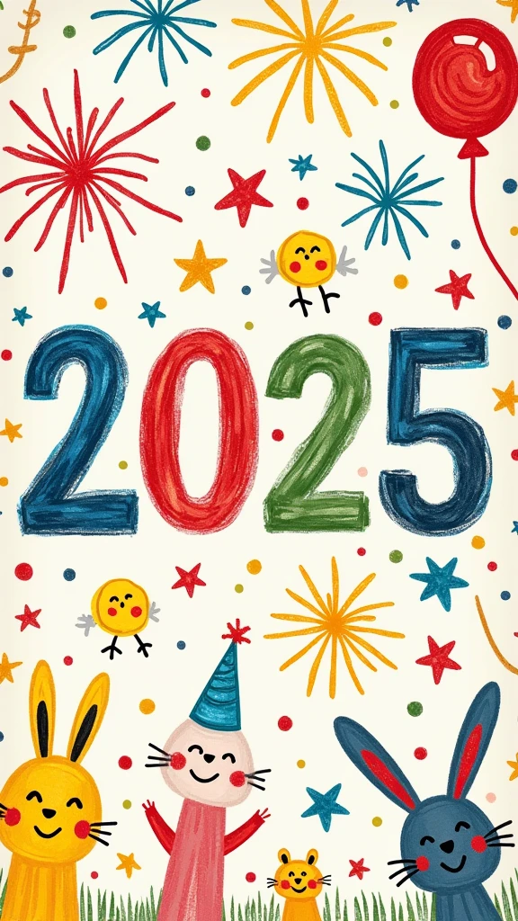 A cheerful New Year 2025 poster designed as if created by elementary student, featuring colorful doodles and crayon art. The poster includes vibrant fireworks, stars, balloons, and a large '2025' written in playful, like handwriting. Surrounding the numbers are hand-drawn smiling faces, party hats, confetti, and little animals like bunnies and birds, all in a whimsical, crayon style. The background is a light, pastel shade with a slightly textured, paper-like appearance to enhance the hand-drawn feel.