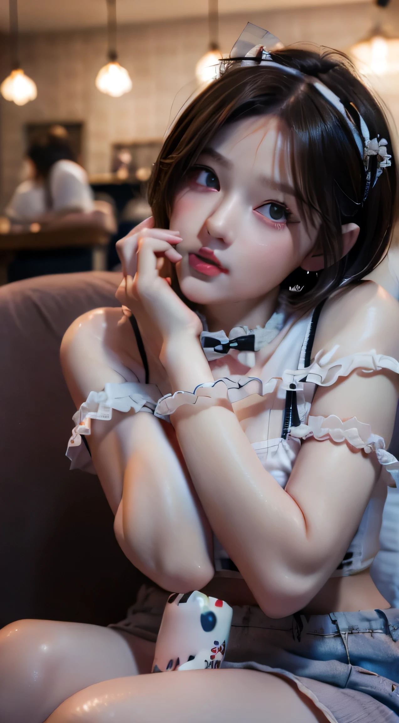 ((best quality)), ((highly detailed)), ((((Short Bob Hair)))), Complex eyes,beautiful detailed eyes,Symmetrical eyes,(((detailed face))),beautiful detailed lips, Young Face,Short stature，Pretty face， (((Embarrassing))),(Lips waiting for a kiss),(My heart is pounding with anticipation.)、Mesh Camisole、Sitting on the pillow and riding、Hugging the pillow on your knees、Bold leg spread、barefoot、Wide composition、Eating sausages、On the bed、Spilling milk、Fisheye Lens、 (Flat Chest:1.1), masterpiece, absurdres, (detailed eyes, deep eyes), (1girl), yandere trance, yandere, hands on own face, hands on own cheeks, shaded face, ((glowing eyes)), (upper body), hexmaniacms, ((@.@)), (upper body), hexmaniacms, ((@.@)), bags under eyes, ahoge, headband, black hair, pale skin, small breasts, , purple clothes, (at a cafe, coffee, noon), 