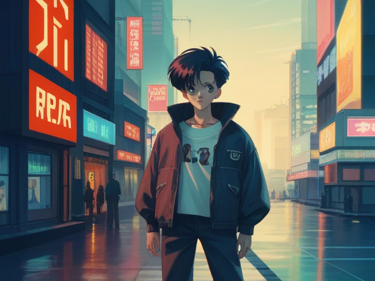 Close up of a person standing in the background of the city at night, 80&#39;s anime vibe,  80s anime art style ,  Lofi Girl , 80s anime style ,  80s anime style,  retro anime girl , 90s anime style , Neo Tokyo Background, 1980's anime style,  modern cyberpunk anime 