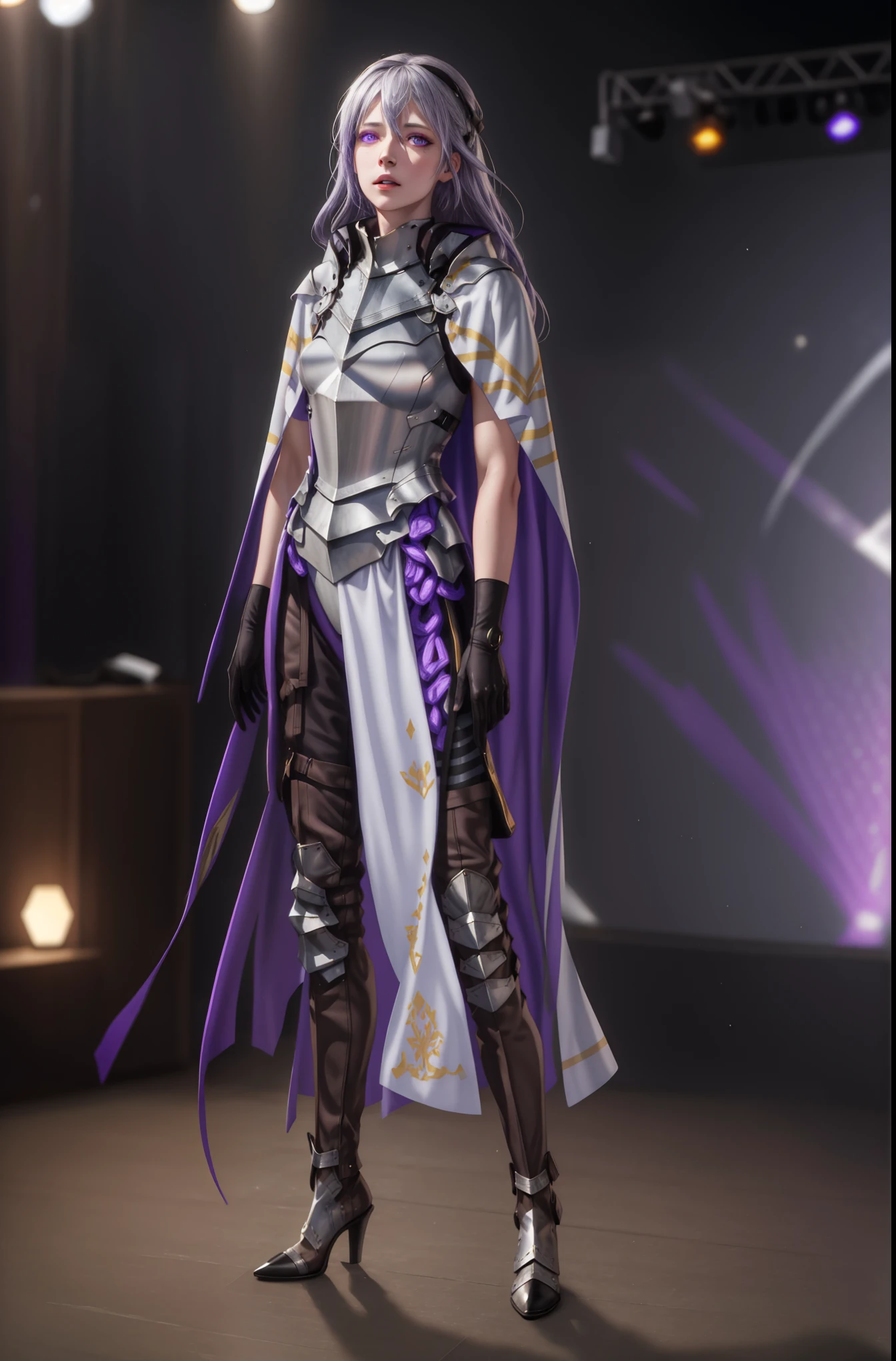 8k,highres,absurdres,masterpiece,best quality,original,extremely detailed CG,extremely detailed wallpaper,perfect lighting,1girl,solo,blurry_background,looking_at_viewer,standing on the stage, JeanneEAnise,long hair,black gloves,hair between eyes,purple eyes,grey hair,white cape,armor,breastplate,