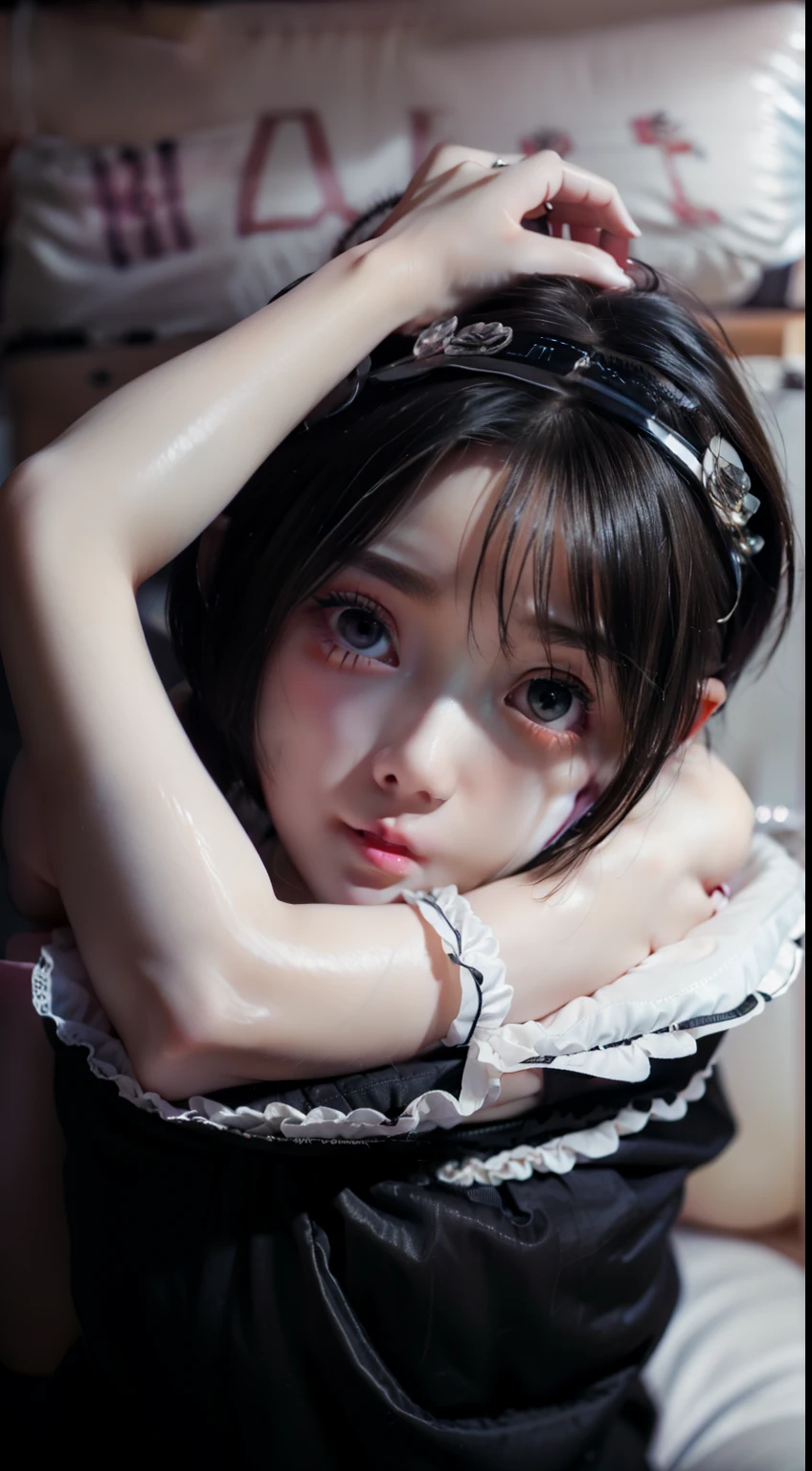 ((best quality)), ((highly detailed)), ((((Short Bob Hair)))), Complex eyes,beautiful detailed eyes,Symmetrical eyes,(((detailed face))),beautiful detailed lips, Young Face,Short stature，Pretty face， (((Embarrassing))),(Lips waiting for a kiss),(My heart is pounding with anticipation.)、Mesh Camisole、Sitting on the pillow and riding、Hugging the pillow on your knees、Bold leg spread、barefoot、Wide composition、Eating sausages、On the bed、Spilling milk、Fisheye Lens、 (Flat Chest:1.1), masterpiece, absurdres, (detailed eyes, deep eyes), (1girl), yandere trance, yandere, hands on own face, hands on own cheeks, shaded face, ((glowing eyes)), (upper body), hexmaniacms, ((@.@)), (upper body), hexmaniacms, ((@.@)), bags under eyes, ahoge, headband, black hair, pale skin, small breasts, , purple clothes, (at a cafe, coffee, noon), 