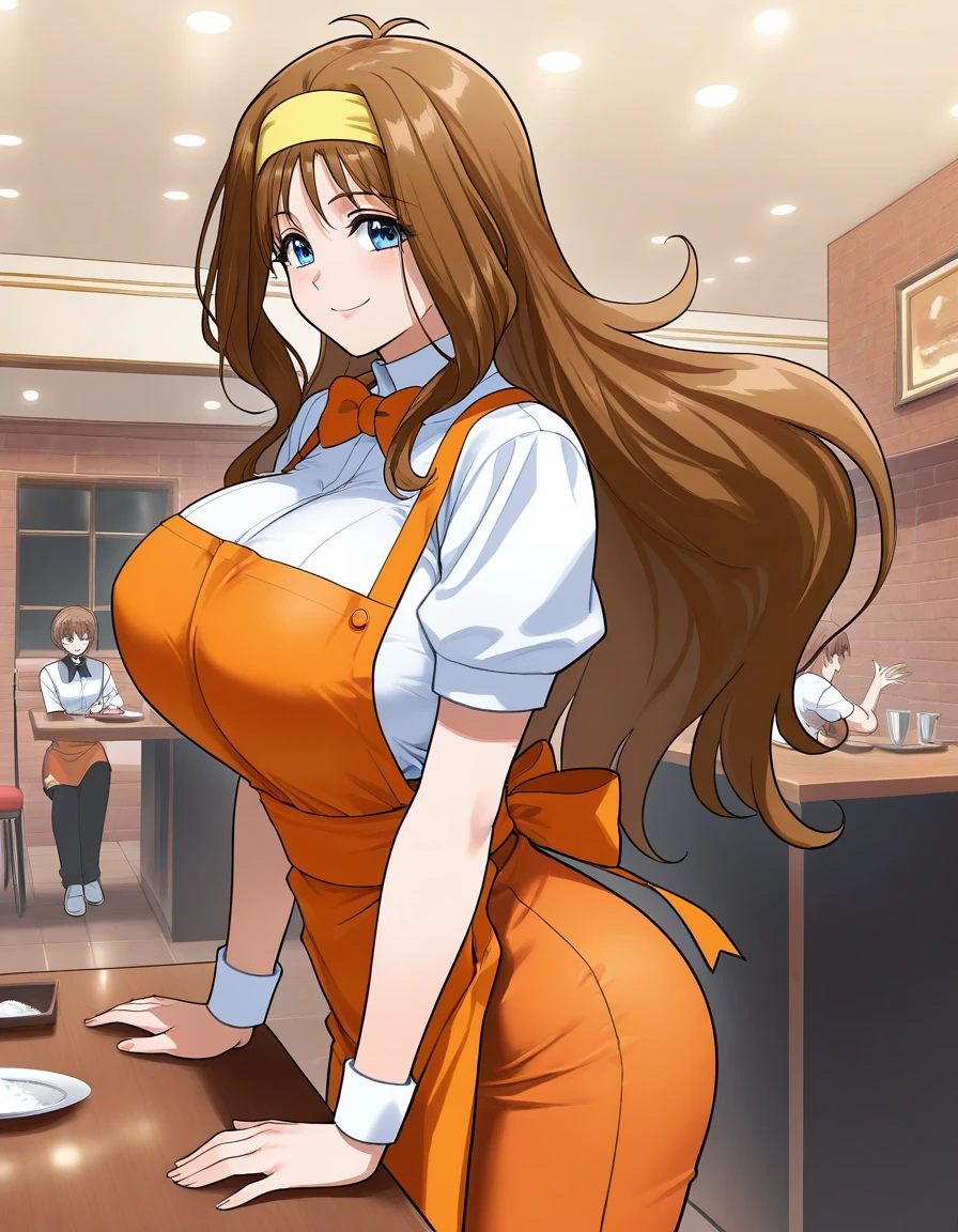  general , high resolution,  ultra detail, VERY ESTHETIC , top quality ,best hands,  break Kokubo_Reika _,  brown hair,  long hair,  blue eyes, huge breasts,  One Girl , Alone,  hair band ,  waitress , bow, smile,   orange apron, break,
  restaurant , room,  happy , Back Visible 、 taken from behind、Focus on the butt、I'm putting my hands on the table and sticking my butt out