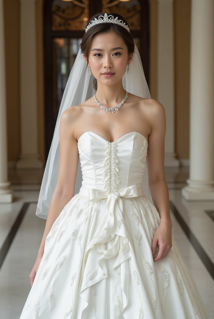 1girl, solo, (masterpiece), best quality, expressive eyes, perfect face, karen fukuhara, modeling in a majestic, indoor palace setting, adorned in a shimmering white satin bridal gown boasting a voluminous princess skirt, an elongated trail, a harmoniously fascinating veil, and an intricately laced and diamond-encrusted bodice with a bow. Victorian style wedding gown with lace, frills and ribbons. Elaborate victorian updo hairstyle. ribbon belt on waist, Crowning her head is a princess's tiara, while diamond earrings and necklace sparkle in contrast with the white satin of her elbow-length opera gloves, realistic, 4k, hd, detailed, perfect anatomy, perfect hands, perfect face