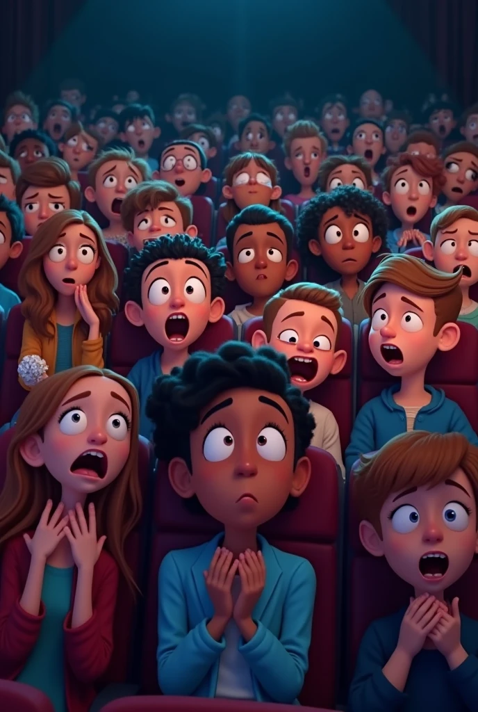 (highest quality, 4k, masterpiece:1.3), A close-up of a group of children sitting in an auditorium, watching a stage performance. Their faces are lit up with excitement, wide-eyed and smiling, some clapping their hands. The children are of various ethnic backgrounds, wearing casual and traditional clothing, reflecting the diversity of the audience. The background shows blurred outlines of other audience members and the soft glow of stage lights. The image is in a 2D animation style, with bright colors, cartoonish features, and a joyful atmosphere.