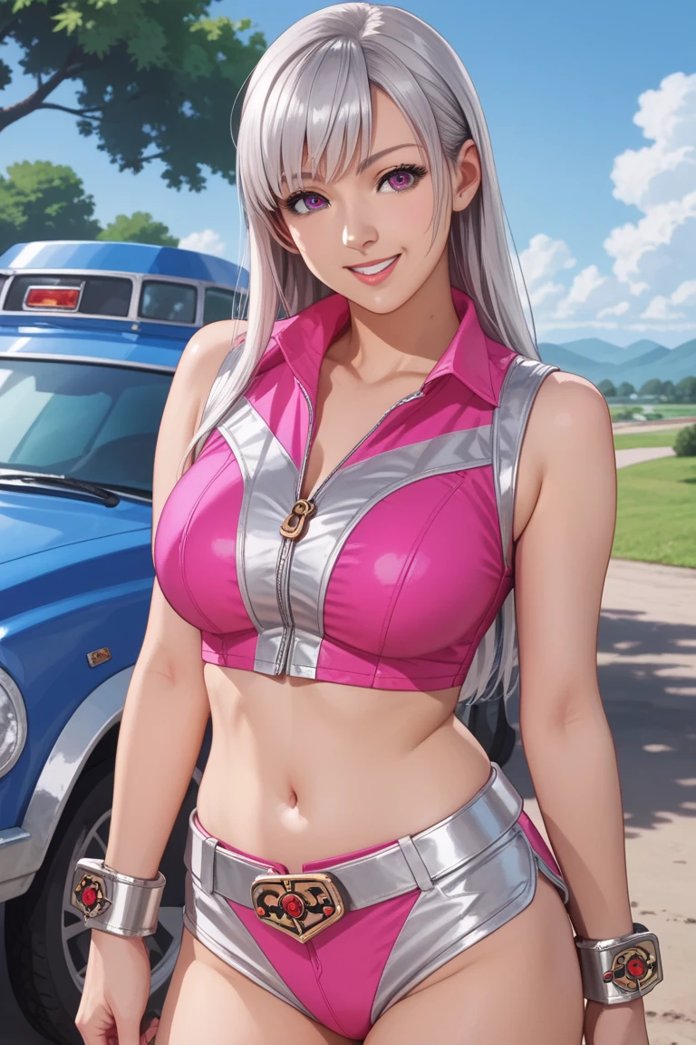  One Girl ,    masterpiece),scenery, anime screencap,score_anime,smile, cowboy shot,    Saint Force  uniform,  pink shirt(Saint Force ),  collared shirt ,  crop top,  front zipper , belly button, midriff,  Sleeveless, silver cuffs ,  pink shorts(Saint Force ), Silver Line , Made of latex, (Saint Force ),  Bracelet (Saint Force ),   long hair,  big breasts,